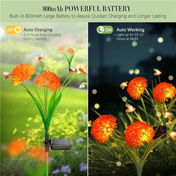 Solar Garden Lights, 4 Pack Solar Swaying Bee Lights with Flowers, Waterproof - Picture 3 of 7